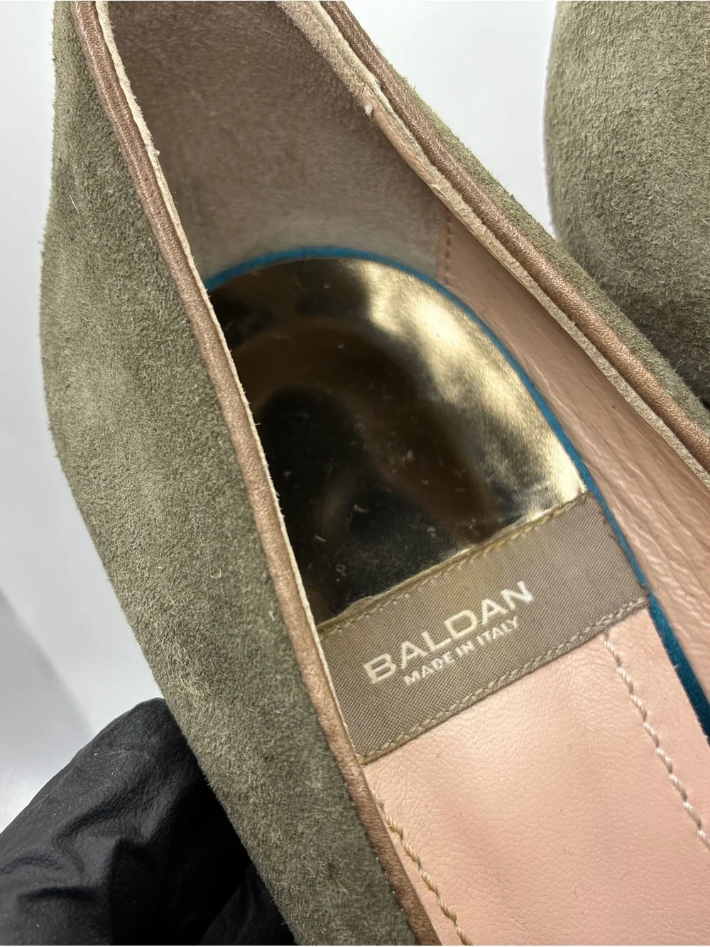 Baldan Italy Peep Toe Platform Mary Jane Heels Olive Suede EU 38 Women’s 8